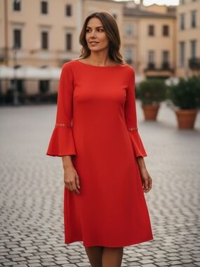 Calvin Klein Red Bell-Sleeve Midi Dress